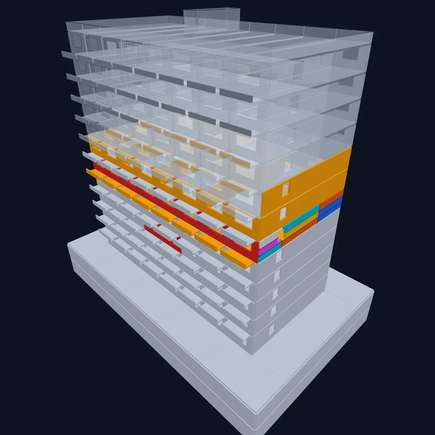 El edificio de una obra de ejemplo en 3D, con la franja de la semana en naranja y los hormigonados atrasados en rojo.