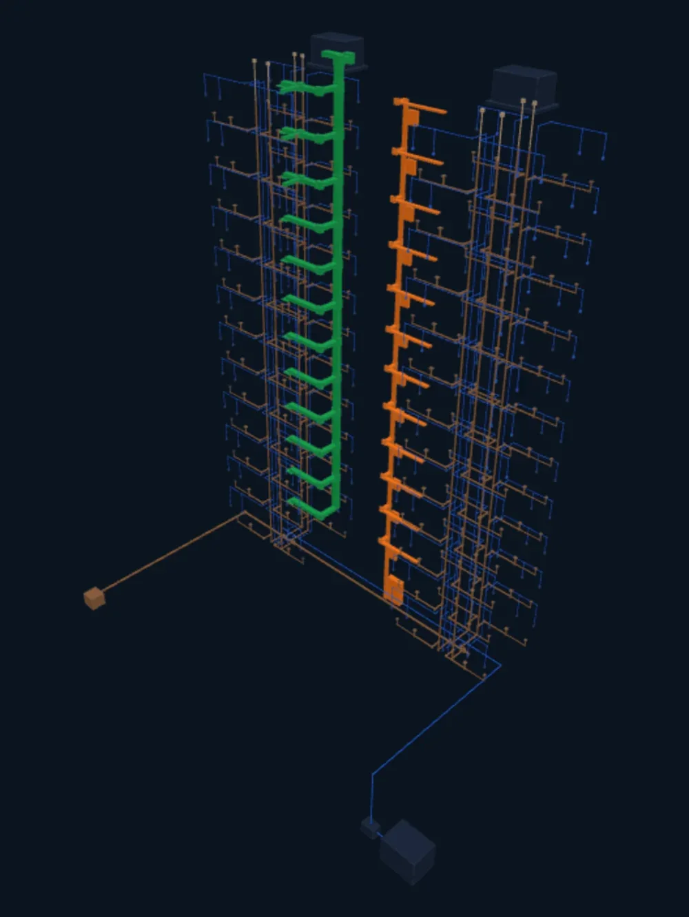 Los modelos de instalaciones de un edificio: redes sanitarias y eléctricas, cada una de un color.