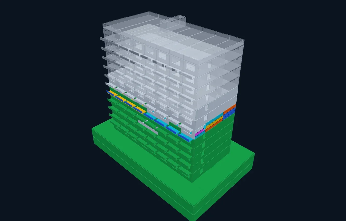 La obra gruesa en el modelo 3D: lo hormigonado en verde y la semana en un color por día.
