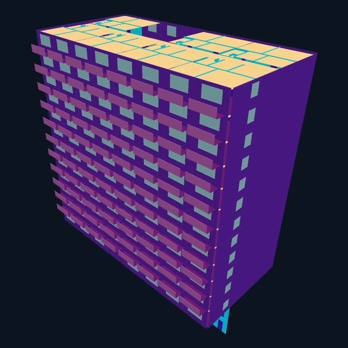 El modelo de arquitectura de un edificio, con las terminaciones por color: pavimentos, cielos, tabiques y fachada.