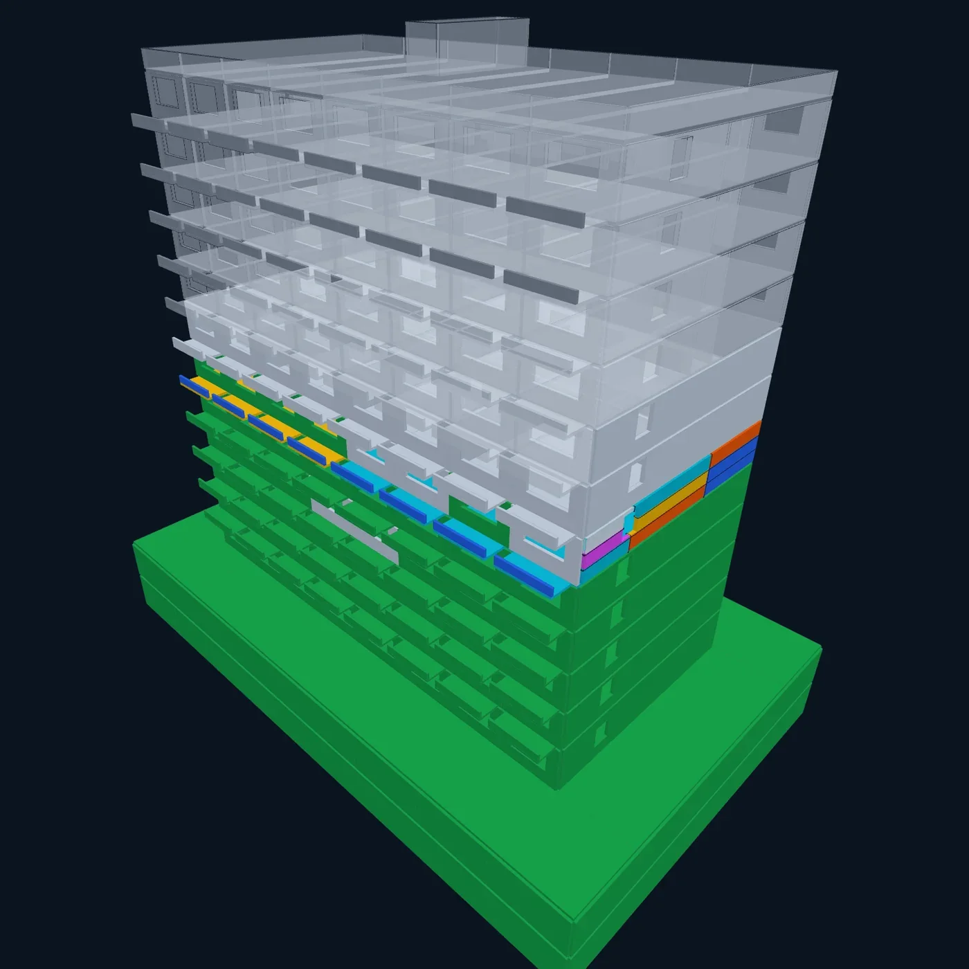 El edificio de una obra de ejemplo en 3D: lo hormigonado en verde, los hormigonados de la semana en un color por día y, arriba, los pisos que faltan, en transparencia.