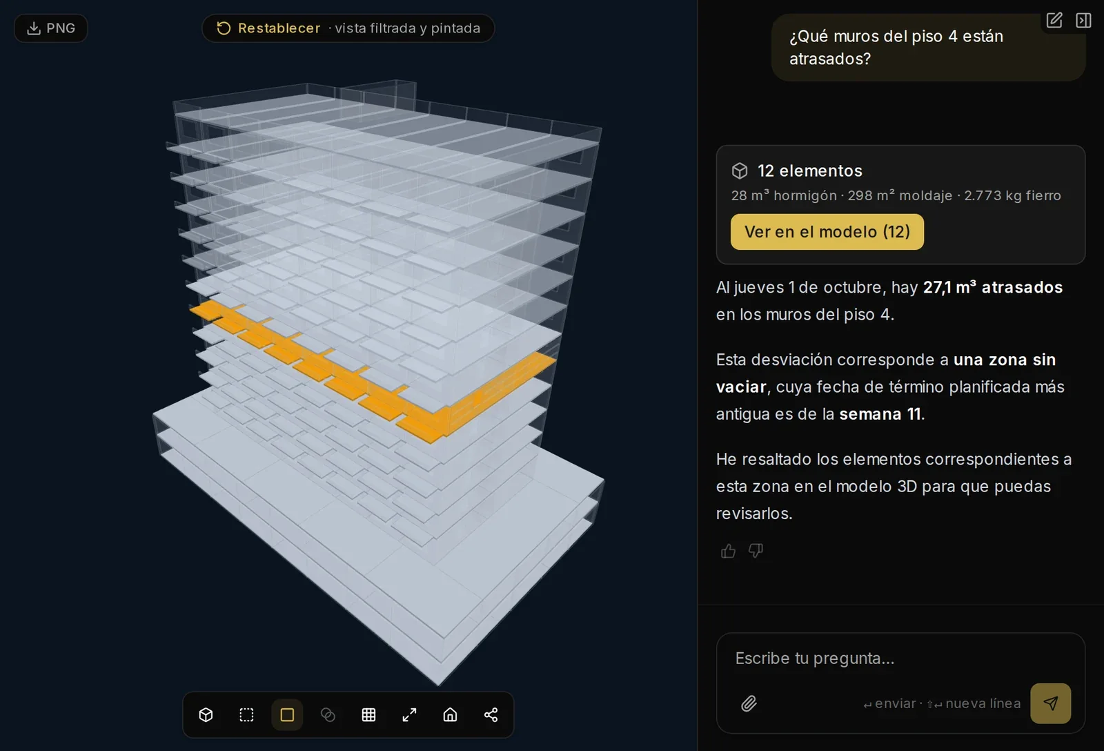 El chat de Serafín en el visor. Le preguntan «¿Qué muros del piso 4 están atrasados?» y responde que hay 27,1 m³ atrasados en los muros del piso 4, con 12 elementos, que marca en el modelo 3D.