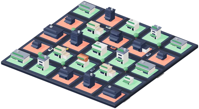 Un barrio de veinticinco ferreterías dibujado en 3D. Cada local tiene una placa de color en el suelo: catorce en verde, que compraron este mes, y once en rojo, con el local apagado, que dejaron de comprar.