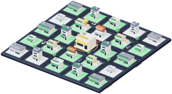 Un barrio de veinticinco ferreterías dibujado en 3D. Cada local tiene una placa de color en el suelo: verde si compró este mes, blanca si todavía no, y una, en dorado y con un anillo, la que lleva días sin comprar.