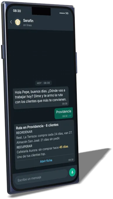 Celular con el WhatsApp de Serafín a las 8:30. Serafín pregunta dónde va a trabajar hoy el vendedor, él responde Providencia y Serafín le manda la ruta con seis clientes: reordenar y recuperar.